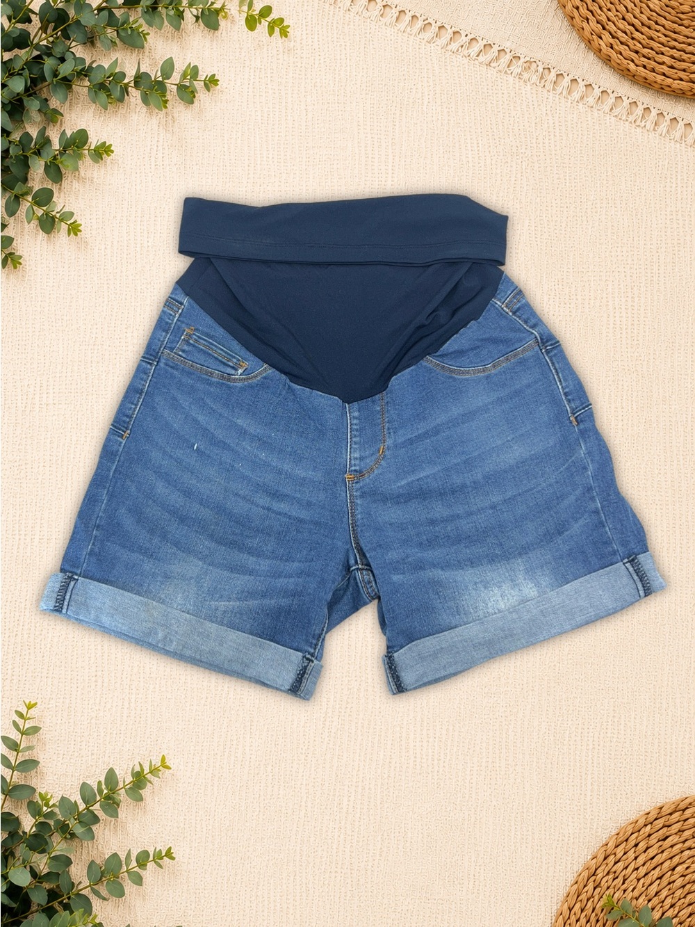 S.O.N.G. Maternity Denim Shorts Size Small Full Panel Cuffed Stretch Jean Shorts